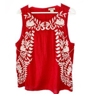 Lucky Brand Red White Rose Embroidered Tank Top L
